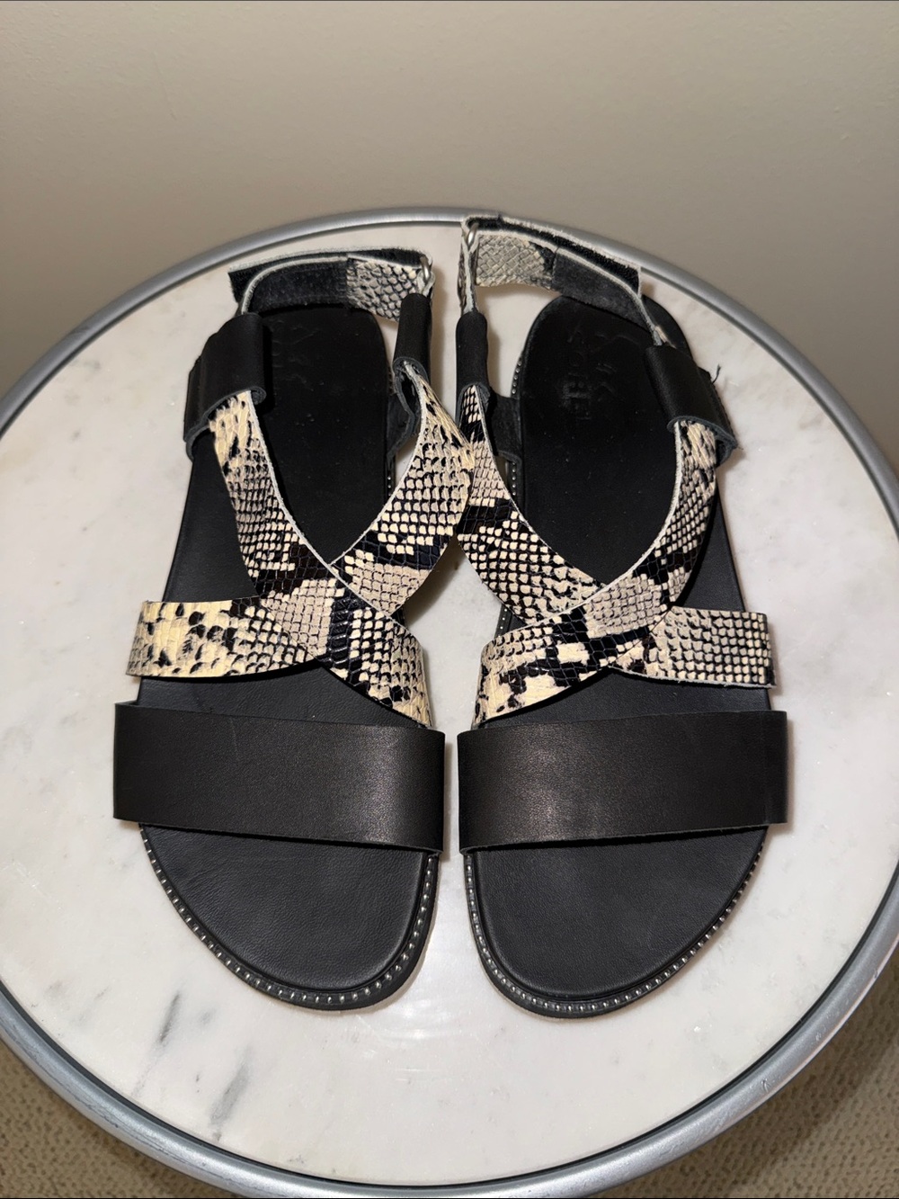 Sorel Black Sandals with Cream Snake-Print Crossover Straps